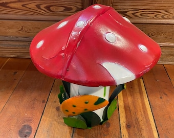 Handmade Cutout, Shaped & Welded Tin/Metal Large Red With White Polka Dots Umbrella/Cap Mushroom/Toadstool and White Stalk - Yard Art