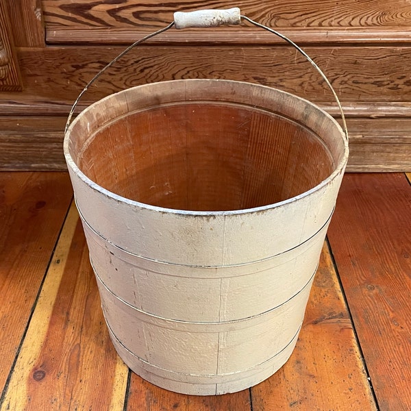 Authentic Vintage Early 1900's Wooden With Metal Straps Tapered Water Bucket/Pail With Metal Hoop & Wood Handle - Original Off-White Paint