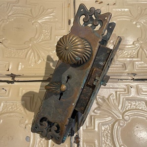 Authentic Exterior Set Vintage Late 1800's Scalloped Radial Design Forged Bronze Door Knobs With Matching Ornate Backplates & Mortice Lock