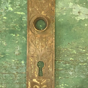 May include: Antique brass door plate with intricate floral designs and a keyhole. The plate has a worn, aged patina.
