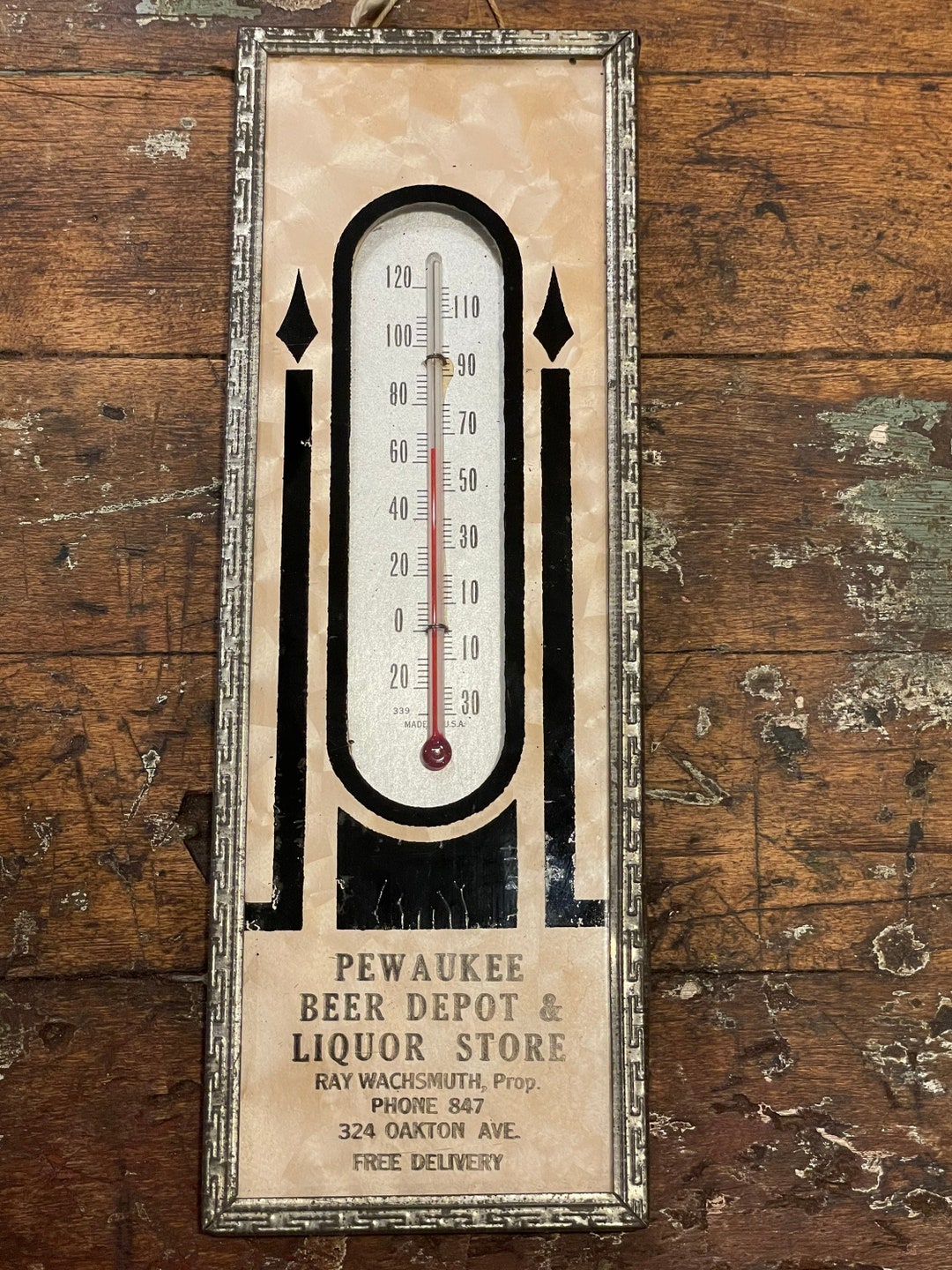Vintage 1930's 1940's Art Deco Style Glass and Metal Frame Thermometer
