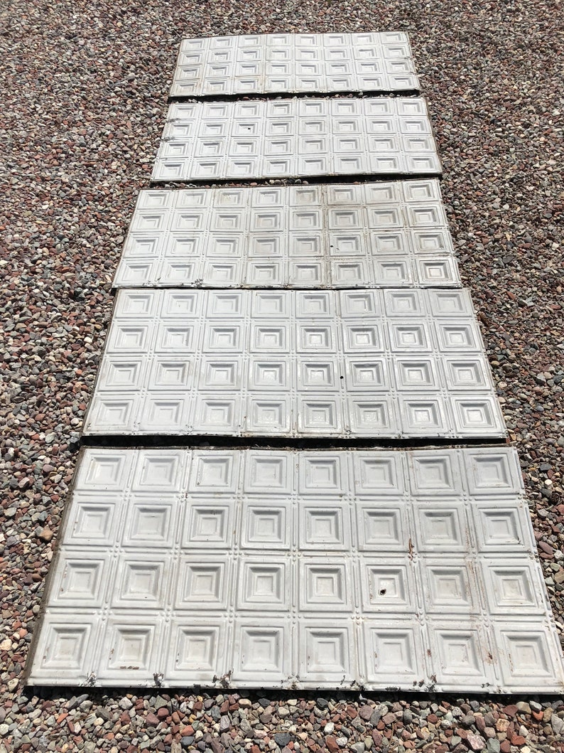 Late 1800s Pressed Tin Ceiling Tile Field Pieces Small Square Motif Original Light Gray Paint Rescued From Aspen Co Building