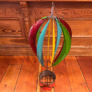 Authentic Handmade Cutout, Shaped & Welded Tin/Metal Hanging Multi-Color Large Spinning Hot Air Balloon Planter - Available 5 Basket Colors