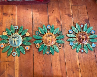 Handmade Clay Sun With Metal Cutout Colorful Flowers & Leaves as Sun Flames - Wall Decor Yard Art - 3 Rustic Face Color Combinations Offered