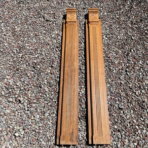 Pair Authentic Vintage Early 1900&#39;s Oak Flat Column Style Panels With Carved Scrolling Floral/Leaves Style & Fluted Design - Original Finish