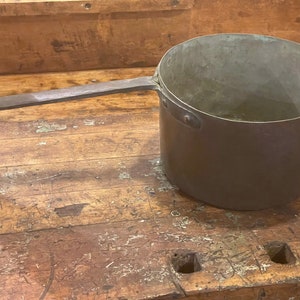 Authentic Early 1900&#39;s Tin Lined Large Hammered Finish Copper Cook Pot With Forged Copper Handle Attached With Copper Rivets