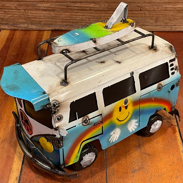 Handmade Rustic Cutout, Shaped & Welded Small Rainbow Color and Smily Face White Roof VW Combi Peace Van - Surfboard Roof Rack - Wheels Roll