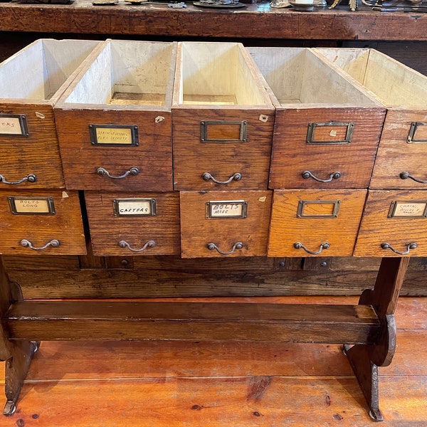 Quantity 10 Vintage 1930's - 1940's Oak & Pine Wood Drawers With Brass Label Holders and Hoop Handles From Western Colorado Hardware Store