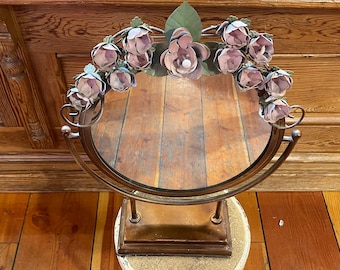 Authentic Vintage 1980's Round Makeup Mirror on Stand With Ornate Pink & Green Metal Flowers - Metal Frame Finished in Copper Patina Finish