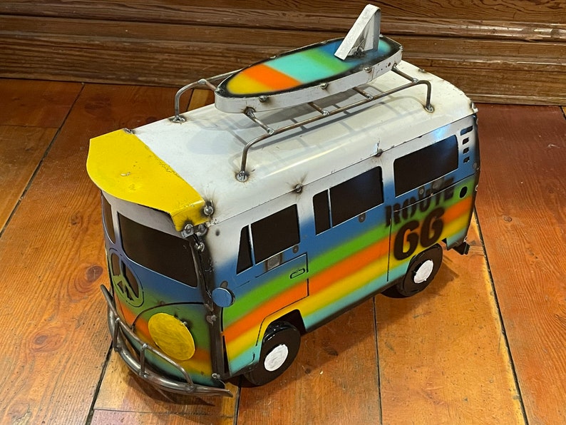 Handmade Rustic Cutout, Shaped & Welded Large Rainbow Color With White Roof VW Van Peace/Route 66 Bus - Surfboard on Roof Rack - Wheels Roll