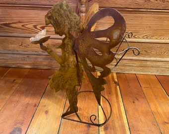 Handmade Cutout, Shaped & Welded Tin/Metal Rustic Distressed Finish Standing Fairy Holding Butterfly Medium Flower Planter Stand - Yard Art