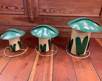 Handmade Cutout, Shaped & Welded Tin/Metal Green Umbrella/Cap Top Mushroom/Fungi/Toadstool With Off White Stalks- 3 Sizes Offered - Yard Art