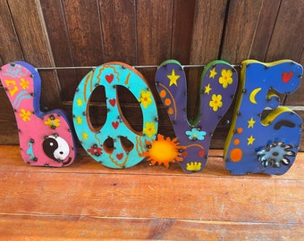 Authentic Handmade Cutout, Shaped & Welded Colorful Colors and 1960's Hippy Look Styling LOVE Sign Hanging Wall Decor or Garden Yard Art