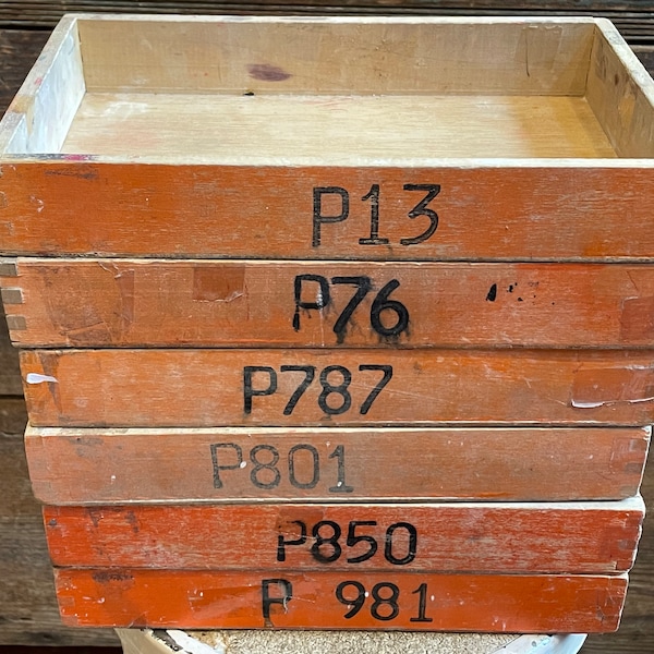 Authentic Vintage 1950's Machinist's Dovetailed Wood Parts Trays/Drawers Original Orange Paint - Each Has Unique Black Lettering & Numbering