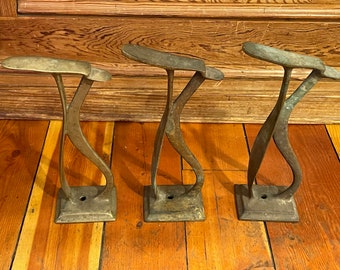 Authentic Vintage Set of 3 Early 1900's Forged Brass Shoe Shine Foot Rest Stands - Mounted on a Shoe Shiner's Chair - All Original Patina