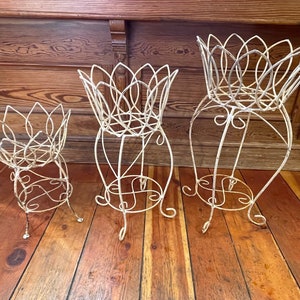 Handmade Shaped, Scrolled & Welded Metal Distressed Chippy White Plant Flower Stands - Available in 3 Sizes: Small, Medium, Large - Yard Art