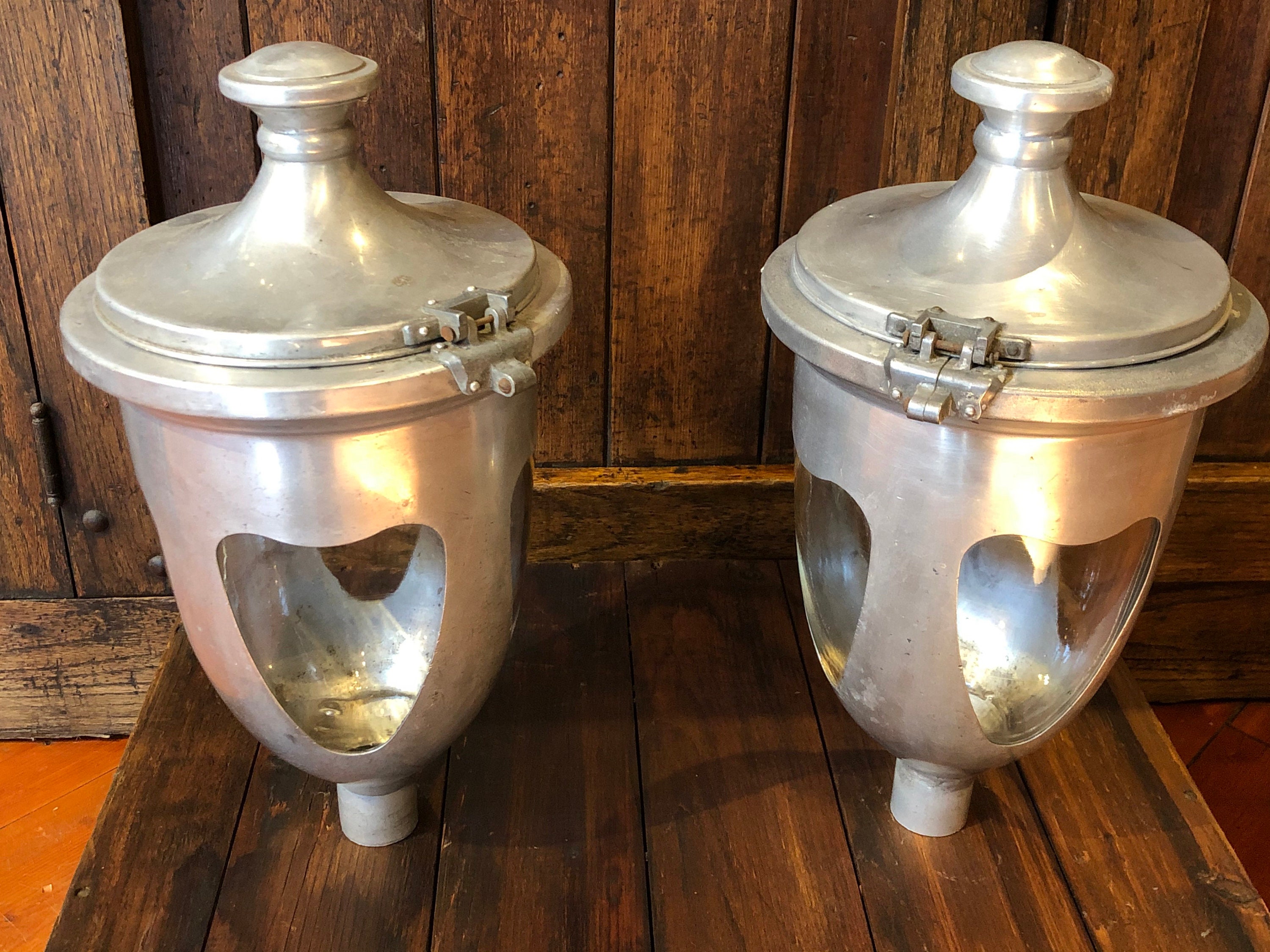 Unusual Pair Authentic Vintage 1930's Style Aluminum & Glass Street Lights - Great Repurposed As Display Storage Jars Candy, Cookies, Food