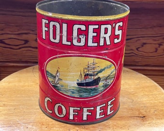 Hard to find Vintage 1931 Folger’s 2 pounds tin coffee can with great graphics of three ships: tugboat, freight ship and racing sailboat