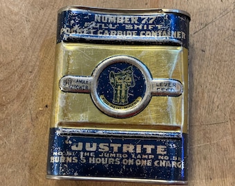 Very Rare Vintage Early 1900's Justrite Number 77 Full Shift Pocket Carbide Container Blue & Gold Empty Tin - Fuel for Miners/Mining Lamp