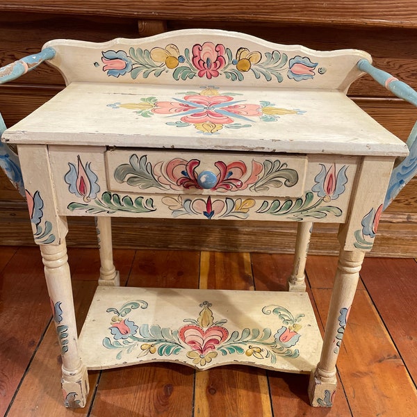 Authentic Vintage Early 1900’s Bathroom Oak Wood Wash Stand - Colorful Floral/Flower Painted Images Added in the 1960’s - Retro Hippie Look