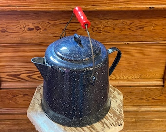 Vintage 1950's Blue With White Spots & Red Wood Hoop Handle Enamelware Coffee Pot - Western Colorado Cowboy Ranch Used on Stove or Campfire