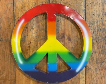 Authentic Handmade Rustic Cutout, Shaped & Welded Round Colorful Retro 1960's Look Hippy Peace Sign Hanging Wall Decor - Garden Yard Art