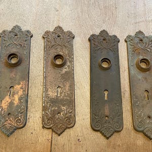 Authentic Vintage Late 1800's - Early 1900's Victorian Style Pressed Metal Door Knob Backplates With Key Hole - Rusty Tin Patina
