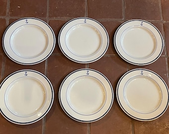 Authentic Set of 6 Vintage US Navy Mess Wardroom Officer Dinner Plates Made by Jackson - Restaurant Ware - Blue Anchor Emblem & Banded Trim