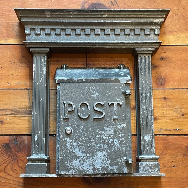 Authentic Vintage 1930's - 1940's Solid Aluminum Wall Hanging Gothic Style Architecture Look Mail Box - Marked Post on Door - Lock & Key