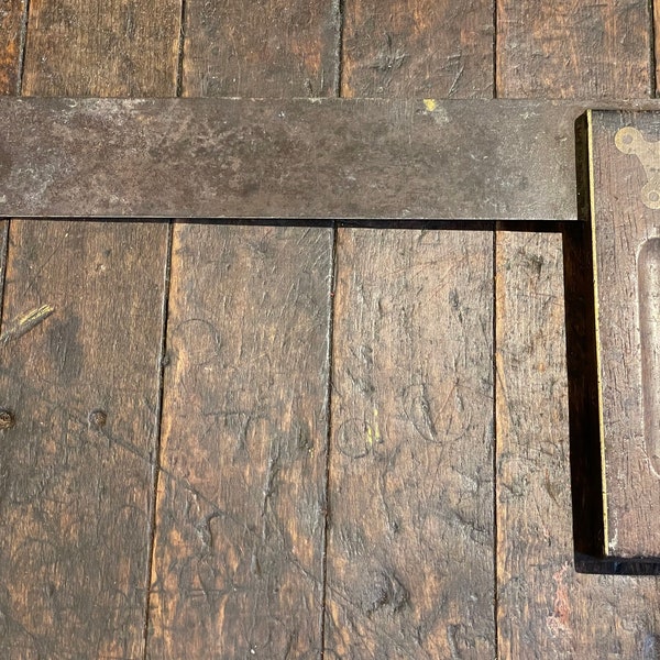 Authentic Vintage Early 1900's Wood Worker/Furniture Maker Walnut Wood, Brass & Metal Mitre Square - Original Finish/Patina