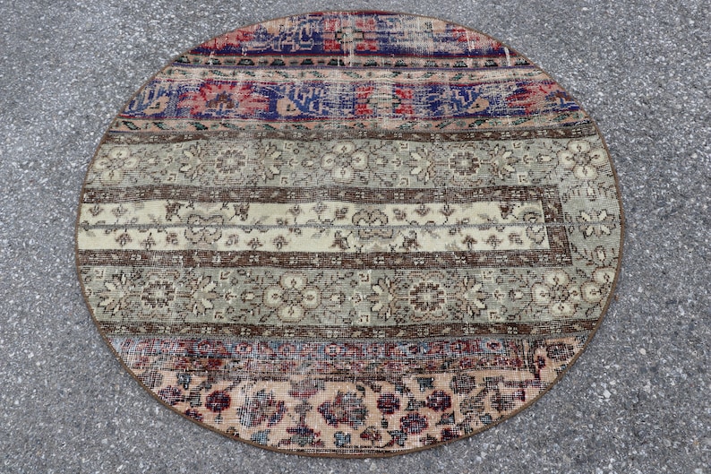 Turkish Rug, Round Rug, Small Area Rug, Vintage Circle Rug, 3.8 X 3.8