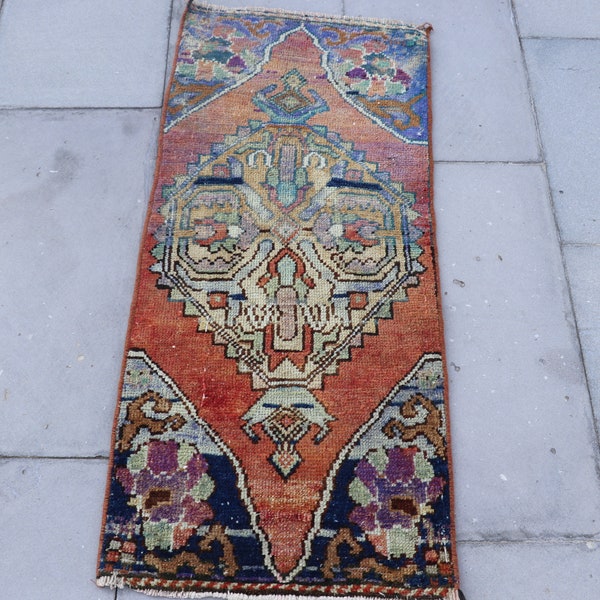 Rare rug, Doormat rug, Bathroom rug, Turkish rug 1.4 x 3.3 Antique rug, Vintage rug, Anatolian rug, Oushak rug, Entryway rug, No 7209