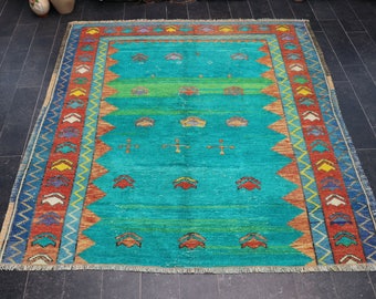 Green Rug, Pastel Color Rug, Free Shipping 4.9 x 5.2 Bohemian Rug, Coastal Decorative Rug, Turkish Rug, Boho Rug, Ethnic Rug No 1109