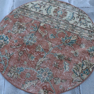 Circle area rug, Turkish small rug, Vintage boho rug, Bathroom decor, Oushak rug, Bohemian rug, Rustic home decor, Carpet, 3.2 x 3.2 SR7158