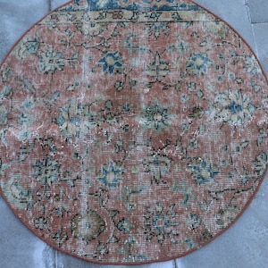 Round area rug, Turkish vintage rug, Handmade small rug, Rosegold rug, Floral rug, Bohemian rug, Doormat rug, Home decor, 2.7 x 2.7 SR7113