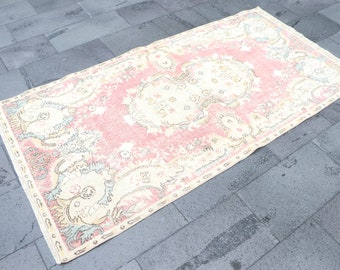 Turkish vintage handmade rug, Natural wool rug, Floral rug, Runner rug, Boho home decor, Rustic decor, Bedroom rug, 3.6 x 7.2 ft SRD2193