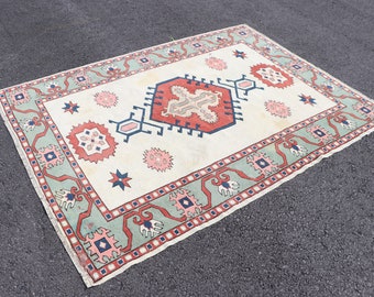 Turkish vintage area rug, Handmade rug, Natural wool rug, Boho home decor, Oushak rug, Kitchen rug, Bedroom rug, Carpet 5.4 x 7.3 Ft SRD2252