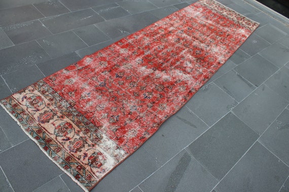 Vintage runner rug, Bohemian floral rug, Turkish rug,  3 x 10.5 ft Handmade rug, Boho rug, Red rug, Wool area rug, Hallway rug, SRD1093