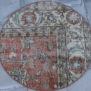 Circle area rug, Turkish small rug, Vintage boho rug, Bathroom decor, Oushak rug, Bohemian rug, Rustic home decor, Carpet, 2.7 x 2.7 SR7102