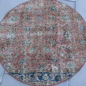 Alfombra de baño, alfombra de área pequeña, alfombra de círculo turco, alfombra floral vintage 3,2 x 3,2 alfombra de lana, alfombra Boho, alfombra anudada a mano, alfombra de felpudo SR7125