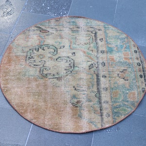 Oriental circle rug, Turkish vintage rug, Round area rug, Small rug, Handmade rug, Bohemian rug, Home decor, Doormat rug,  2.8 x 2.8 SRD1787
