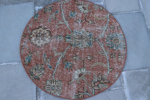 Rosegold floral rug, Turkish circle rug, Vintage small area rug, Home decor, Bathroom decor, Rustic decor, Bohemian rug, 2.7 x 2.7  SR7111