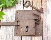 Antique Door Lock with Original Key-French Hand Forged Iron-Skeleton Key-Antique Latch-Chateau Door Lock-Rustical 18th Century Lock