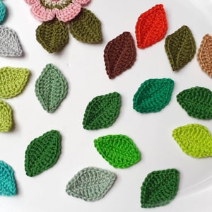 5 crocheted leaves, scattered parts color choice, leaf crochet applique, colorful green crochet leaves