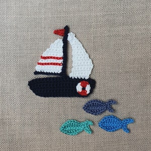 Sailing boat crochet applique, crocheted ship applique, maritime patch with fish