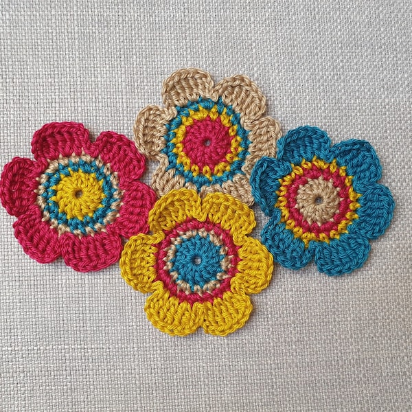 4 large crochet flowers, crochet applique flowers, crocheted flowers for sewing