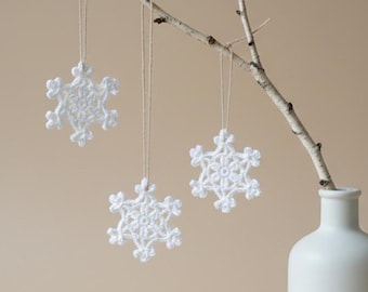 Snowflake decorations for hanging as a set, crocheted ice crystals for winter branches and Scandinavian rooms