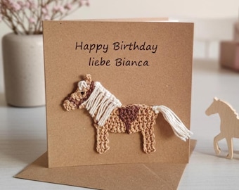 Personalized greeting card with horse motif – detachable Haflinger crochet appliqué – horse card for riders and horse lovers