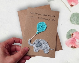 Glückwunschkarte mit Elefant und Luftballon, Karte für Geburtstag, Geburt, Kinder