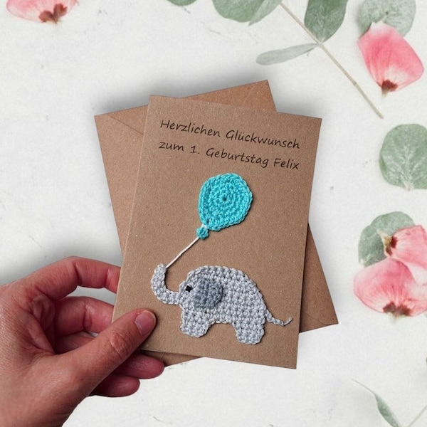 Glückwunschkarte mit Elefant und Luftballon, Karte für Geburtstag, Geburt, Kinder